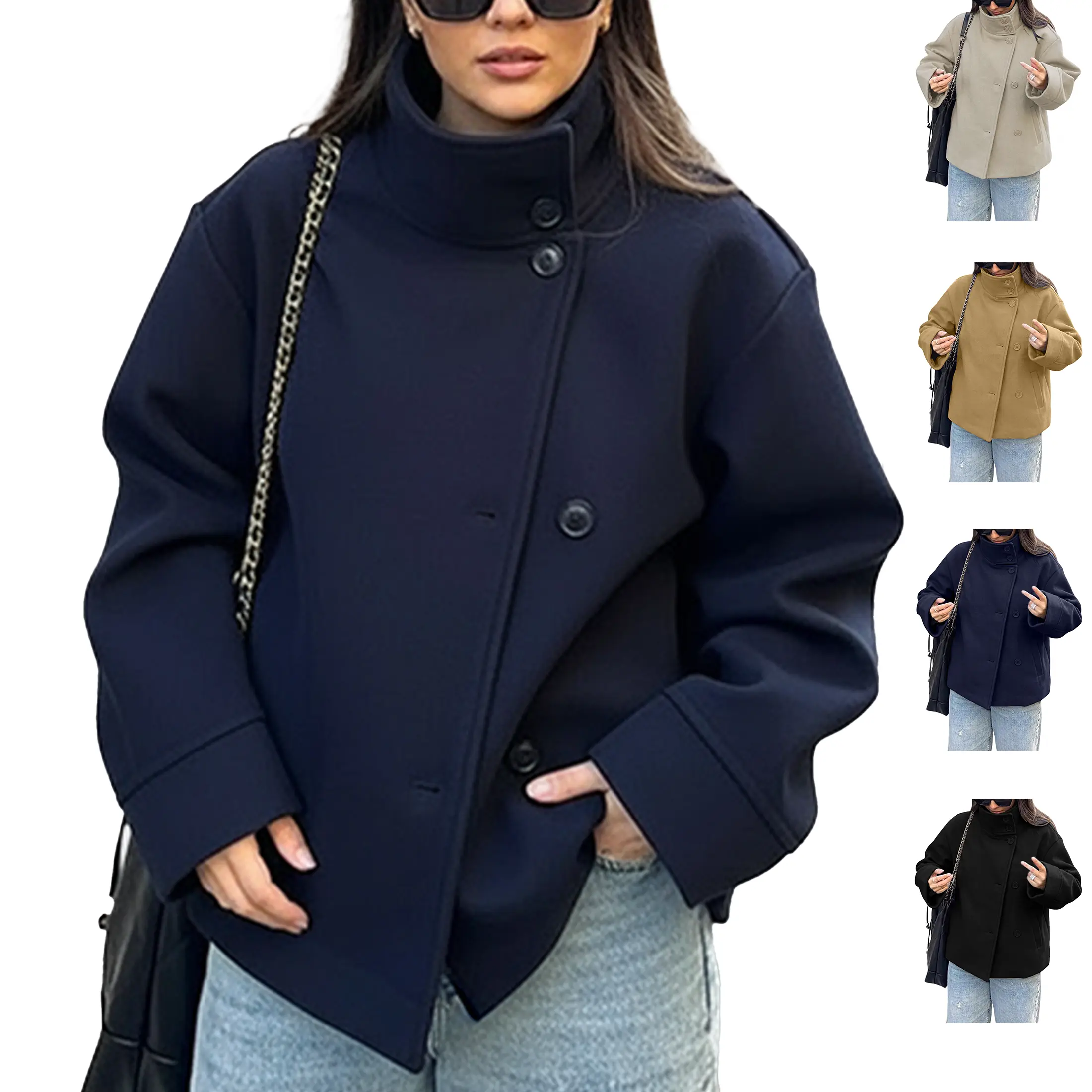 Wandal Women’s Cropped Wool Blend Pea Coat High Stand Collar Jacket Loose Fit Short Winter Outerwear Minimalist Button Up Commuter Coat for Casual Daily Wear