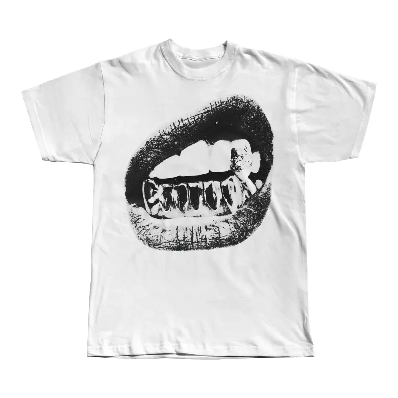 Black Lips Silver Grill Teeth Graphic Shirt, Vintage Y2K Hip Hop Rap Streetwear Graphic Tee, Edgy Urban Fashion Top, Gothic Aesthetic Merch,  Grillz Shirt, Y2k Shirt, Unisex Cotton Crewneck T-Shirt Menswear Womenswear Streetwear Top