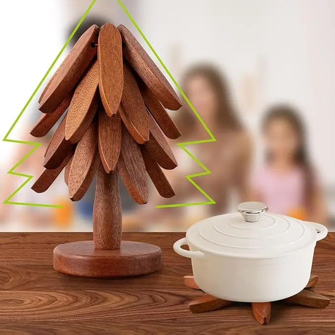 Natural Tree Wooden Trivet Set - 4 Trivets & 1 Stand - Heat-Resistant Foldable Solid Wood - Durable High-Quality Kitchenware - Ideal for Hot Dishes, Pots - Birthday Ideas Tableware Coasters