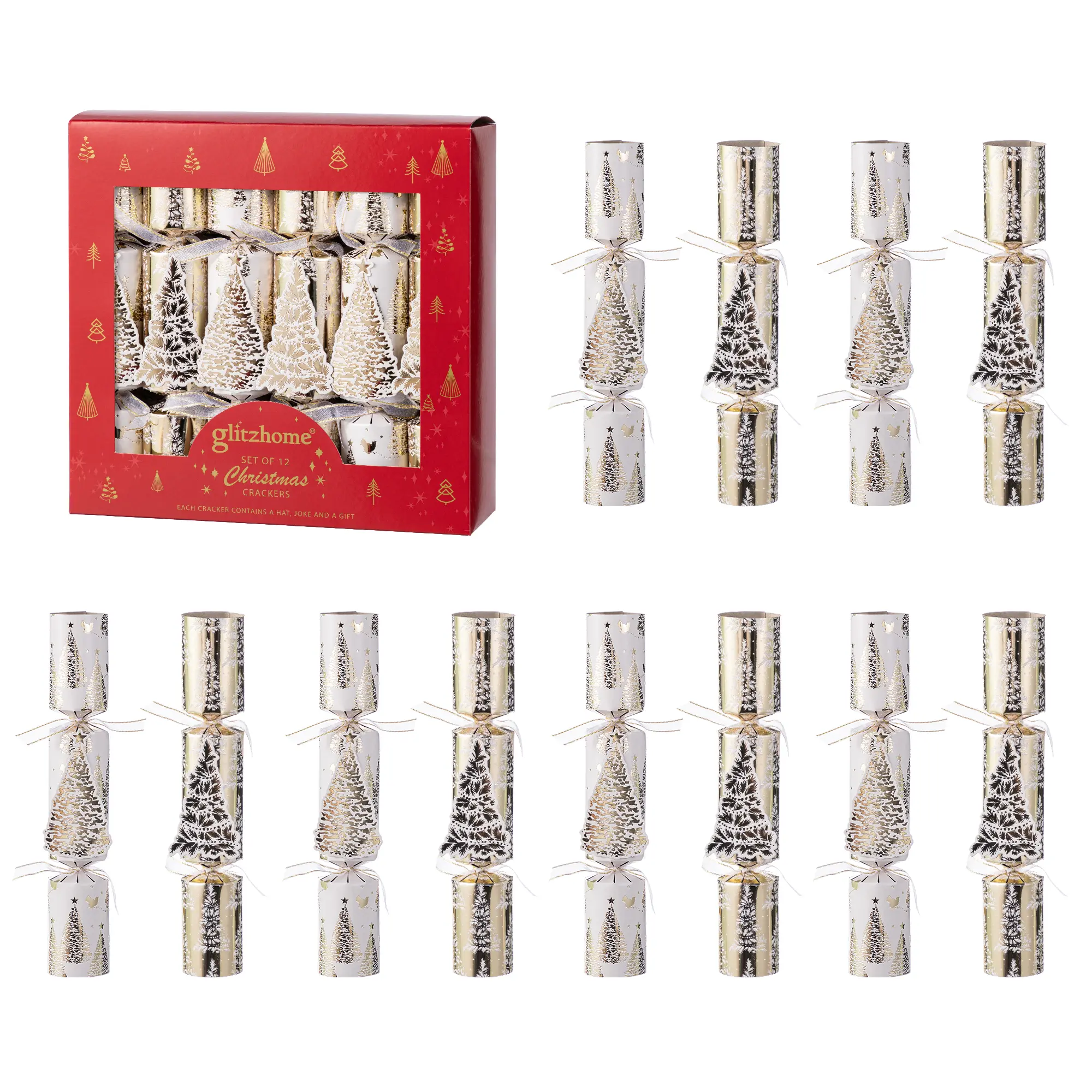 Glitzhome Star Tree Print Party Crackers Boxed Set (12PK, 1.5"x10" in) - Home & Party Supplies with Included Gift