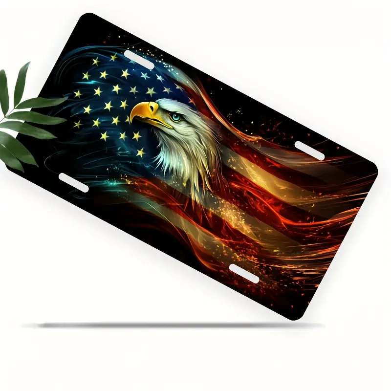 1pc Patriotic American Flag Rectangle License Plate - Heavy Aluminum 6x12in Plate with Eagle Head and Tail Design, Red/White/Colorful, Suitable for Cars,Trucks,SUVs, Easy Installation with Screws, Patriotic Home Decor Plaque