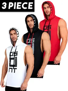 3 Piece Letter Fashion Printed Casual Breathable Comfortable Men's Hooded Sports Fitness Sleeveless Tank Top Basketball Running Casual Athletic Clothing High Stretch Quick Drying Top Spring Summer Outdoorfun,summervibes Yoga Gym Activewear