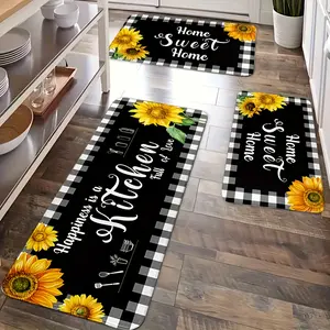 3pcs Set Kitchen Carpet Anti-slip, Soft, Comfortable, Easy to Clean Polyester Carpet for Home Decoration, Suitable for Sink, Bedroom, Living Room, Kitchen, and Bathroom, Machine Washable, Plaid and Floral Pattern, Rectangular Shape