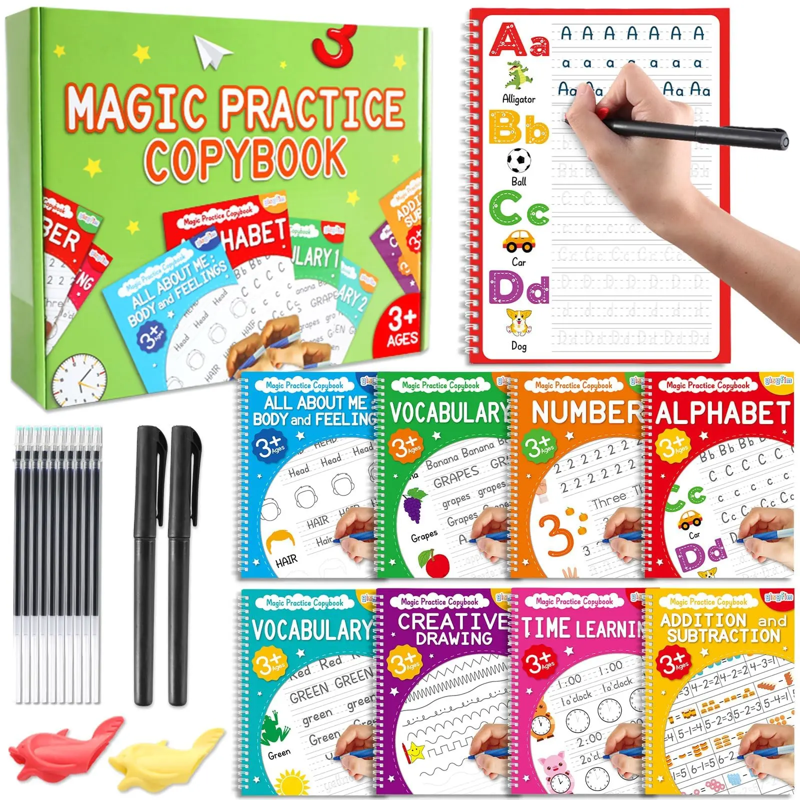 GISGFIM 8-Pack Large Grooved Handwriting Practice Kit - Reusable Learning Activity Set with Disappearing Ink Pens, Pencil Grips for Preschool Kids (3-8), Preschool Learning Materials, School Supplies Haul