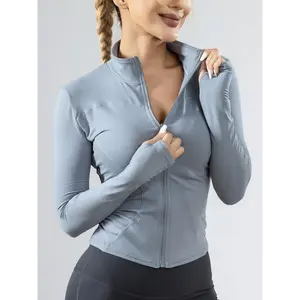 [1pc Slim Fit Athletic Pullover] 1pc Women'S Sports Zippered Long Sleeve Top, High Elastic Polyester Knit, Solid Color, Round Neck, Slim Fit Athletic Pullover for Running & Yoga - 2024 New Arrival