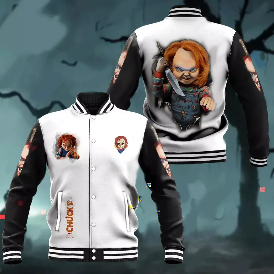 Personalized Halloween Chucky Doll Childs Play Horror Killers Baseball Jacket, Unisex Baseball Jacket, Varsity Style Sport Coat
