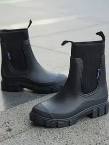 Women's Solid Color Waterproof Rain Boots, Mid-Calf Chelsea Style, Anti-Slip Round Toe, Knitted Elastic Cuff, Easy on and Off, Outdoor Activities, Waterproof Wellington Boots