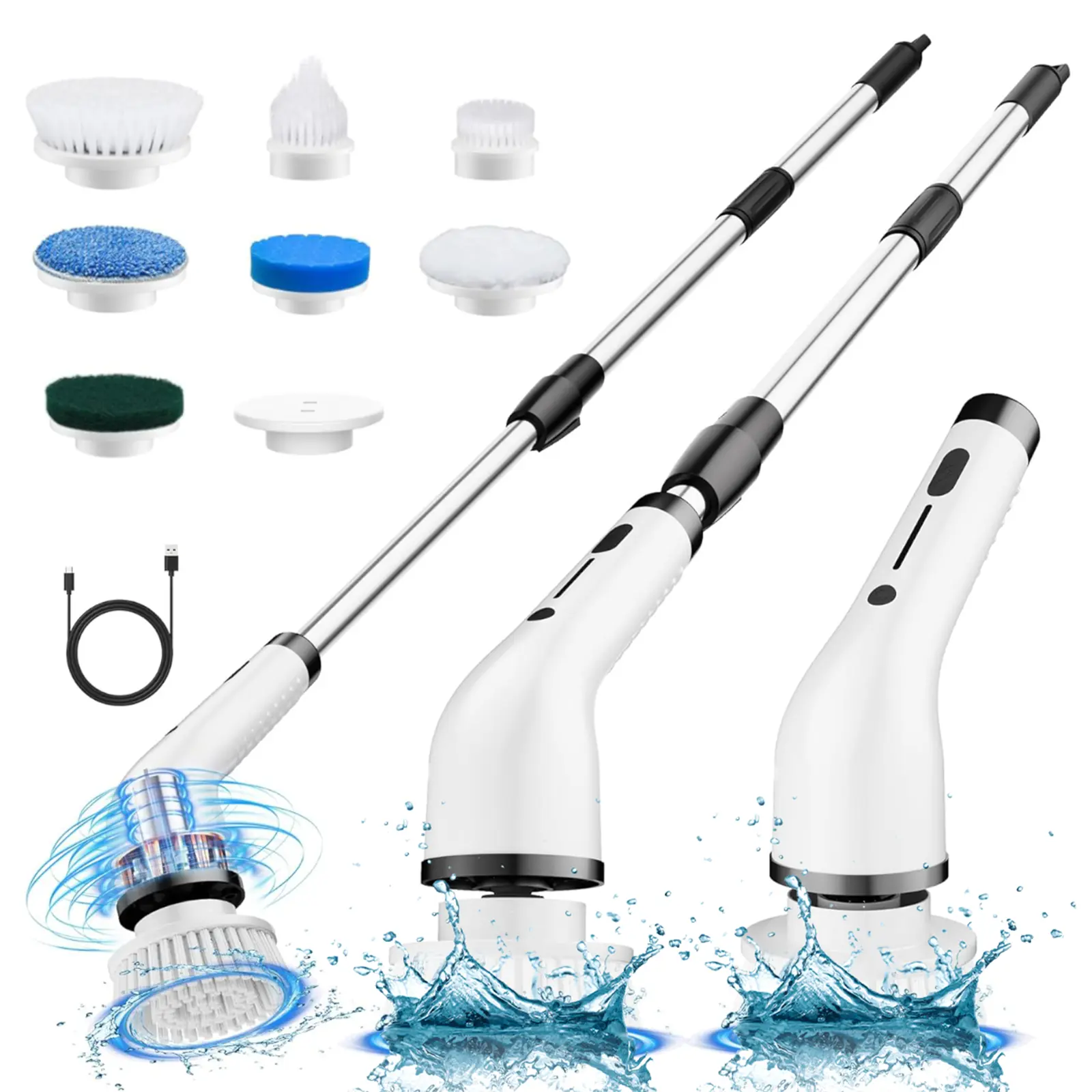 Electric Cleaning Brush, Full-Body IPX7 Waterproof Cordless Electric Spin Scrubber with 4 Replaceable Brush Heads, 2-Speed Shower Scrubber with Adjustable Extension Handle for Bathroom, Kitchen, Toilet, Window, Car, Pool,BACKTO SCHOOL