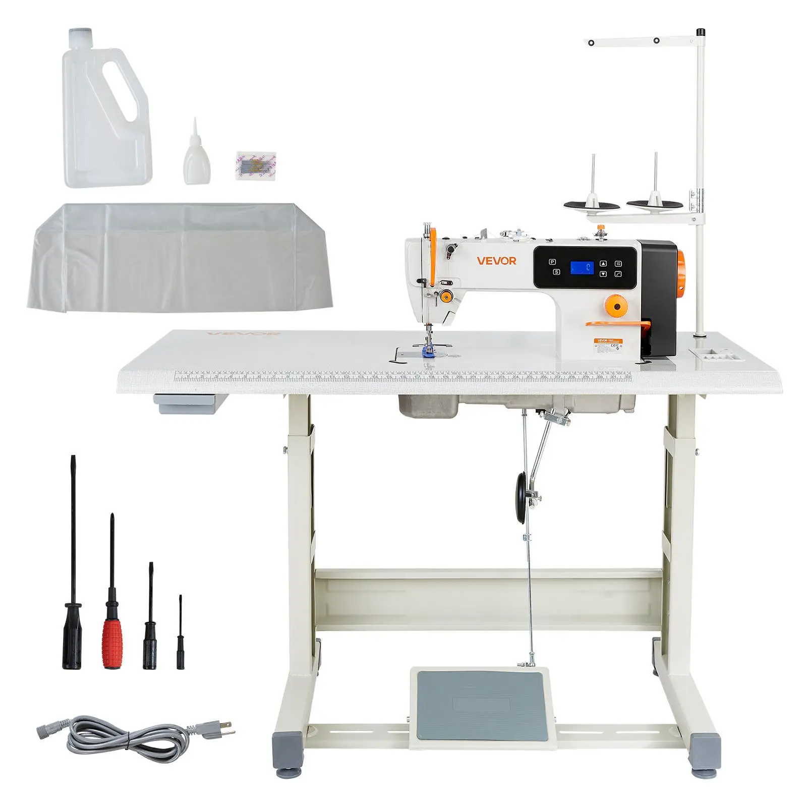 VEVOR Industrial Sewing Machine, 550W Lockstitch Sewing Machine Set with Servo Motor and Table Stand, 5000 SPM High Speed, Metal Frame, LCD Panel, LED Light, for Cotton, Wool, Denim, Leather, Canvas