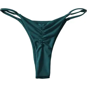 Women's High Cut Thong Bikini Bottom Ruched Low Rise Adjustable Sexy Swimsuit Bottom