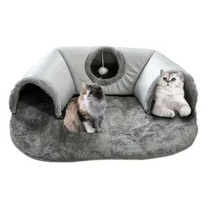 Three-In-One Comfort Cat Tunnel Bed Mat with Non-Slip Base, Play Pad & Warm Nest for Small to Medium Cats, Rabbits & Hamsters，Lightweight Removable
