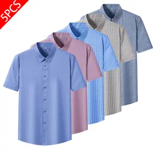Men's 5-Pack Plaid Short Sleeve Shirts - Menswear Checked Stretch Button Down Tops, Wrinkle Resistant Business Casual Oxford Fit Shirts for Work & Everyday Wear