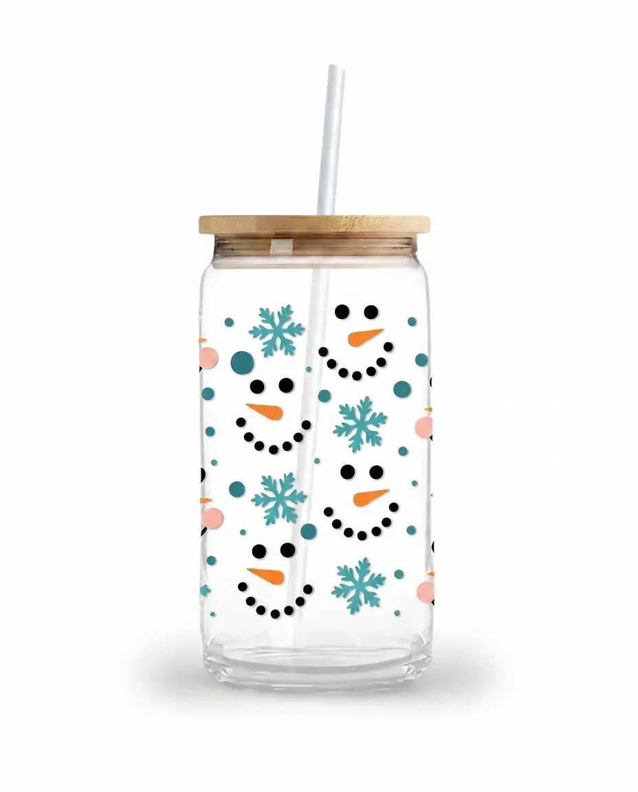 Snowman Face Glass Tumbler 16oz Iced Coffee Cup with Lid and Straw Reusable Winter Glass Drinkware for Cold Drinks Desk I  Can-Shaped Glass I daily use tumbler I Iced Coffee Cups with Lid,Matcha Cup Glass Tumbler Reusable for Gifts