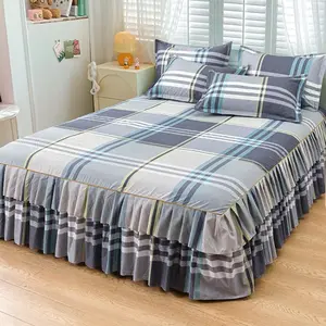 Plaid Print Bed Skirt & Pillowcase Set, Including Bed Skirt & 1/2 Counts Pillowcase, Soft Comfortable Breathable Bedding Set, Mattress Cover Protector