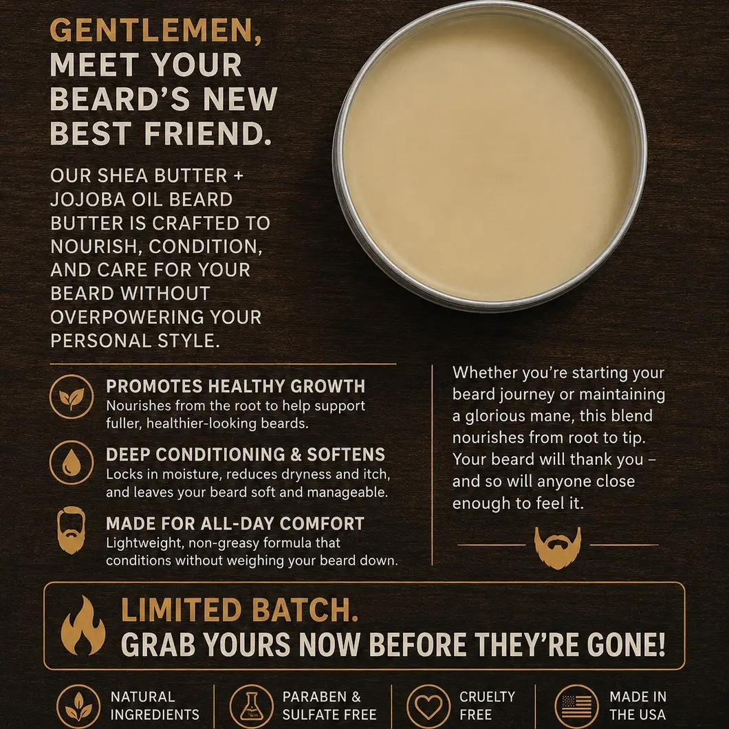 Men's All-Natural Beard Butter - Lightweight Daily Beard Conditioner with Shea Butter, Jojoba Oil, Woody Amber Sandalwood Scent, Facial Hair Growth Support, Natural Hair Care, Ideal Gift for Boyfriends, Dads, Adults, Hydrating, Conditioning, Beard Care Ro