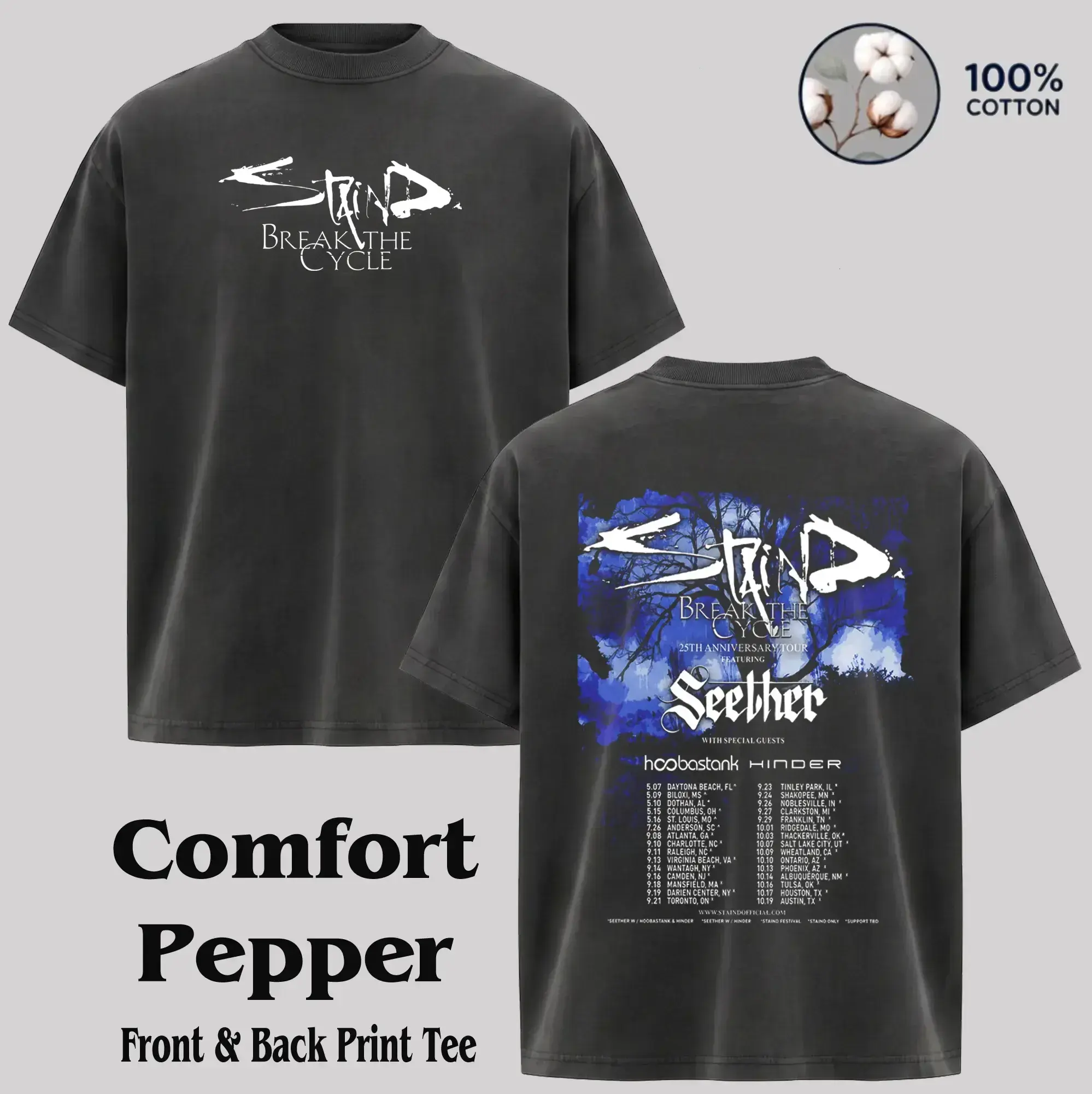 [Collection] Staind Break The Cycle Retro T-Shirt - Men's Cotton Short-Sleeve Round Neck Oversize Relaxed Fit Print Top, Rock Band Apparel for Outdoor & Streetwear Use