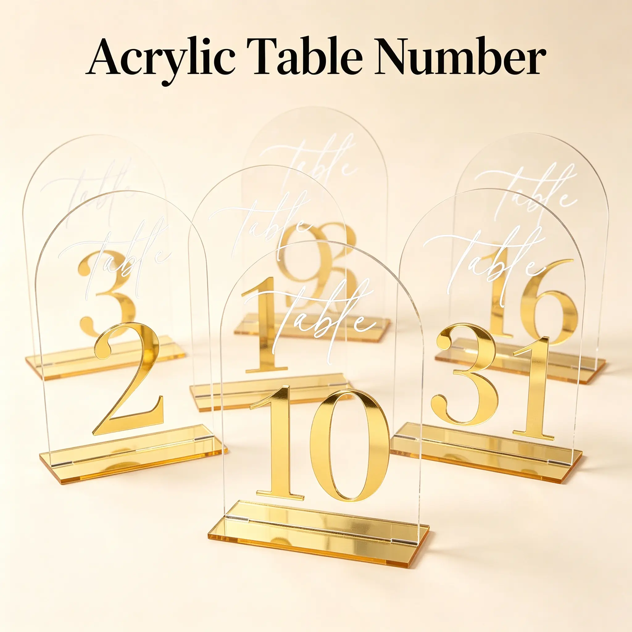 ADISEN Clear Arch Table Numbers 40 30 20 for Wedding,Elegant Gold Number 5x7 Inch Arched Acrylic Table Numbers 1-40 with Stands, for Centerpiece, Reception, Wedding, Party, Event,Clear Acrylic Arch Sign with Holder