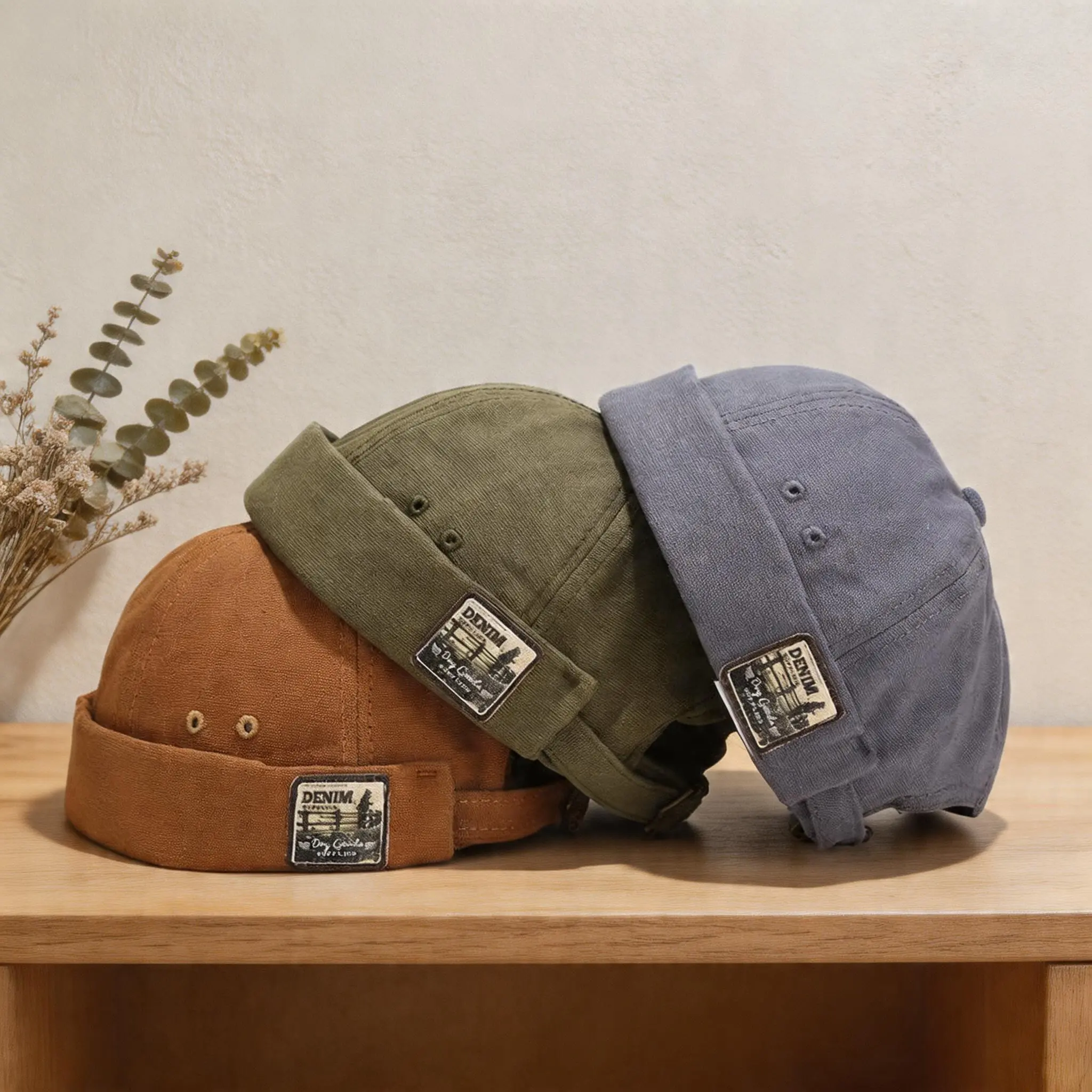 1/2 Pack Classic Solid Canvas Brimless Docker Cap Vintage Label Casual Cycling Outdoor Skull Hat