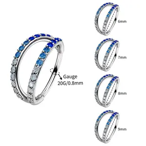 OUFER 20G Ombre 316L Stainless Steel Gradient Hue Cubic Zirconia Rhinestone Double Hoop Nose Ring Jewelry, 6mm-9mm Inner Diameter, for Daily Wear, Rhinestones