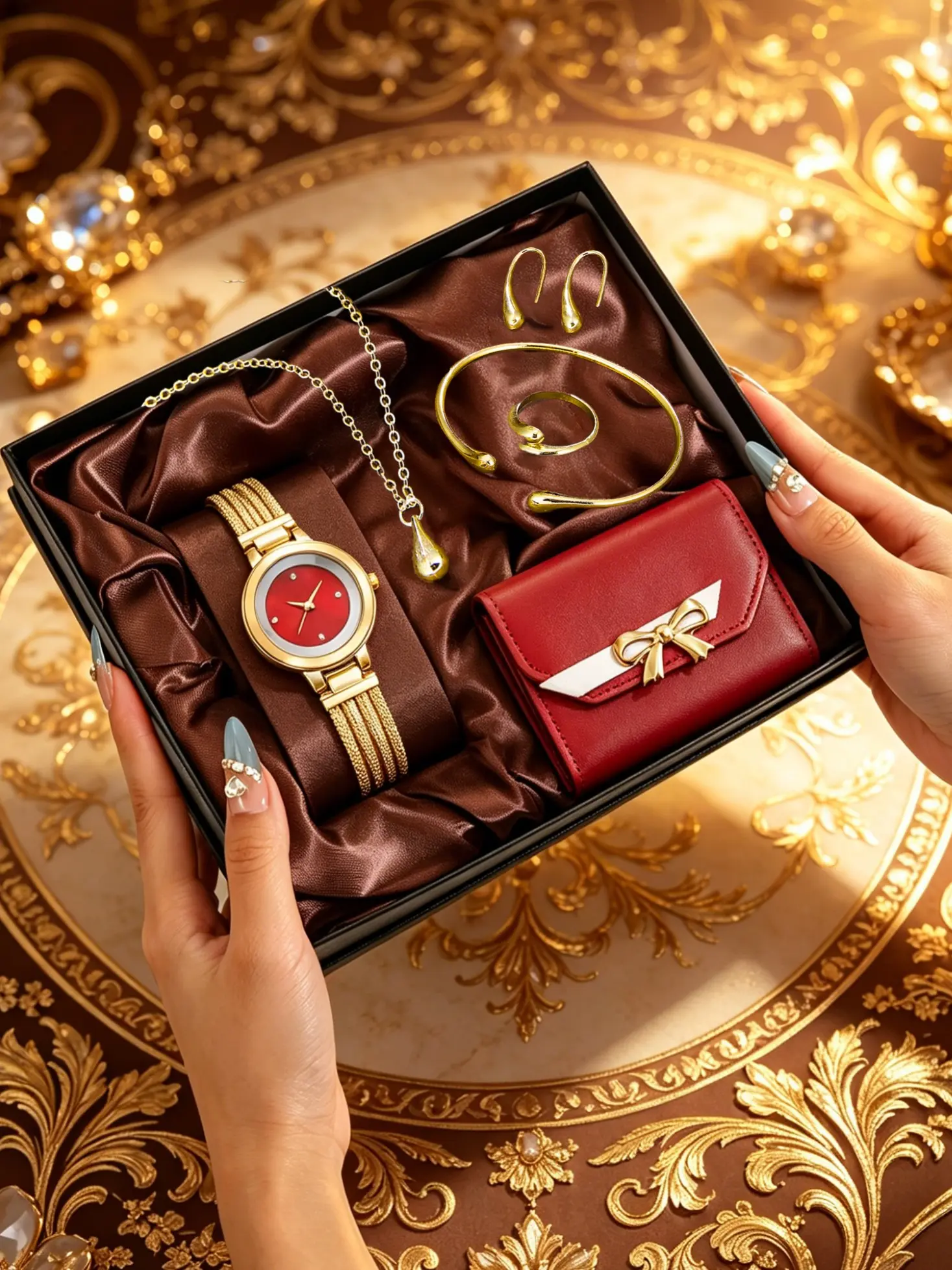 7pcs Mother's Day Gift Set, Luxury Jewelry Watch Box, Watch Necklace Earrings Ring Bracelet Wallet, Accessories Set, Practical Gift for Mom Friends Family