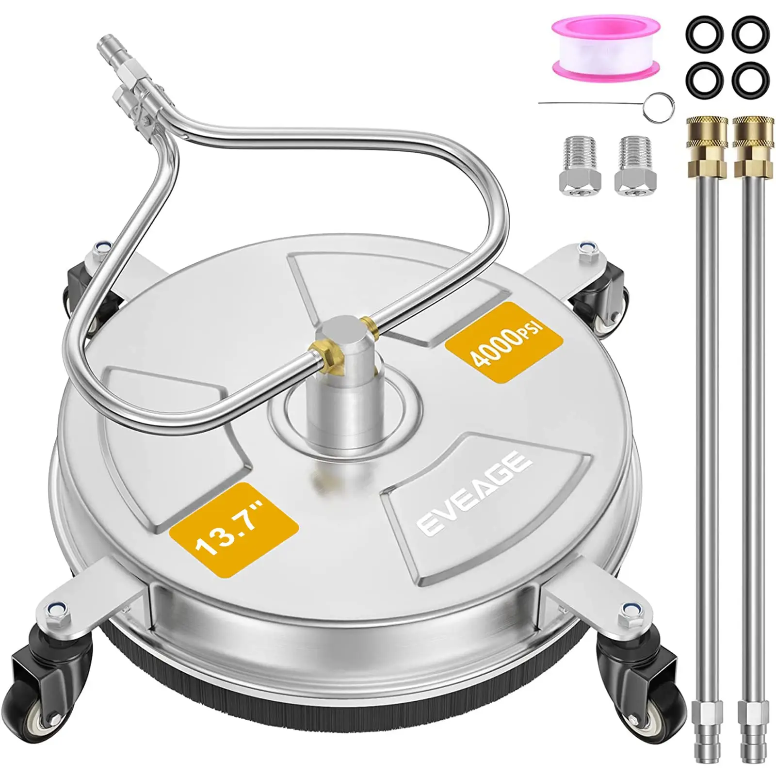 EVEAGE 13.7'' Pressure Washer Surface Cleaner with 4 Wheels Stainless Steel Surface Cleaner & Unique Bending Rod Design 2 Nozzles for Cleaning Drivewa