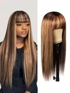 Highlight Straight Human Hair Wigs with Bangs, 200% Density, Full Machine-Made, Available in Sizes 16-28 Inches, Perfect for Women
