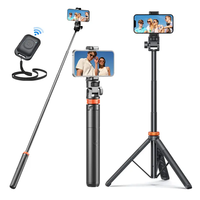61" Adjustable & Extendable Aluminium Selfie Stick Tripod with Wireless Remote, Nylon6/6 Stable Vlogging Equipment, Smartphone Camera & Phone Accessory for iPhone 17/16/15/14 & Android Mobile Phones