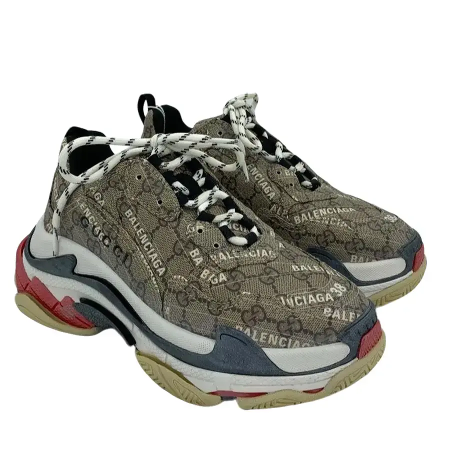 RDLT-Gucci x Balenciaga Triple S Size 38 Brown Allover Logo Lace-Up Low-Top Platform Sneakers-J35987