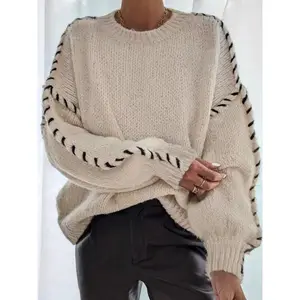 Women's Casual Loose-Fit Soft Knitted Sweater, Oversized Round Neck Pullover, Long Sleeve Jumper for Fall & Winter