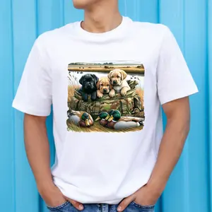 Wildlife Paw-Themed Cute Puppies in Basket with Ducks DTF Print, Ready-to-Press Direct-to-Film Print for T-Shirt Crafts, Specialty DIY Printmaking Accessory