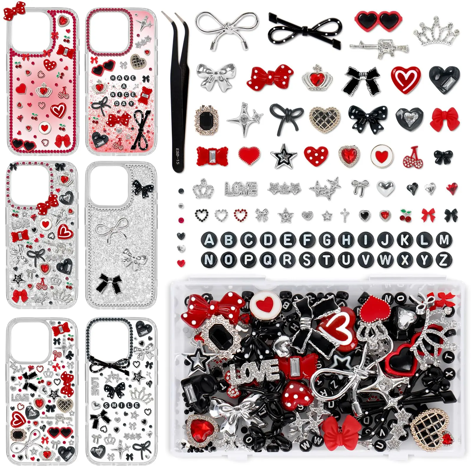 Junk Phone Case Charm Kit with Y2K Cool Aesthetic Bows Stars Hearts Round Letter Beads Rhinestones Red Black Flat-Back Resin Charm Bulk for Customizing Cases