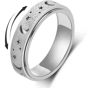 Rotatable decompression frosted hollow star and moon ring titanium steel rotating index finger ring
