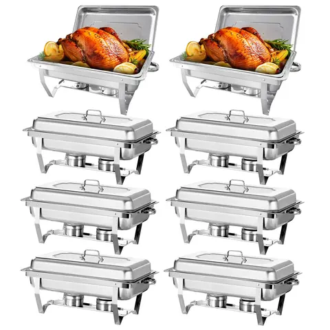8-Pack 8QT Full Size Stainless Steel Chafing Dish Buffet Set - With Lids, Food Pans, Water Pan, Fuel Holders, Tray - Restaurant Food Warmer Kit for Catering, Weddings, With Water Pan