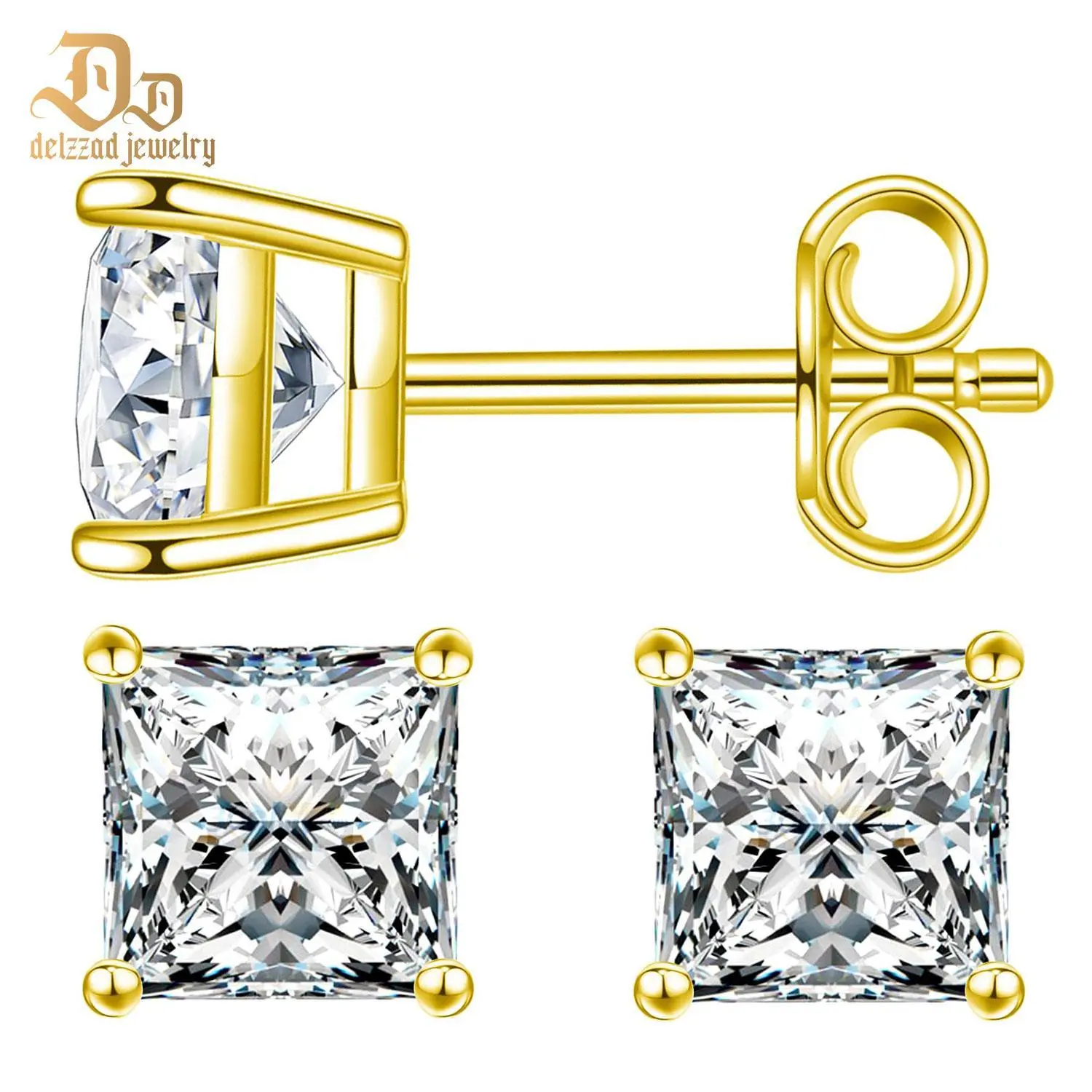 Delzzad S925 Princess Cut Studearrings D Color VVS Synthetic Moissanite Unisex Earrings Jewelry Engagement Wedding Anniversary Christmas Gift for Men Women