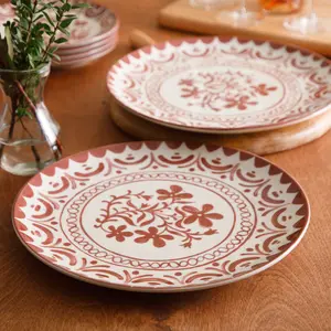 2-Piece 13 Inch Serving Platter Set - Stoneware - Valencia Flor - Pomegranate Red