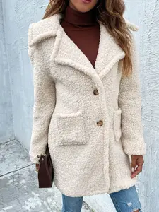 A set of women's beige plush medium length casual Long Sleeve jackets, coats, suitable for autumn and winter, suitable for home, indoor, and outdoor wear