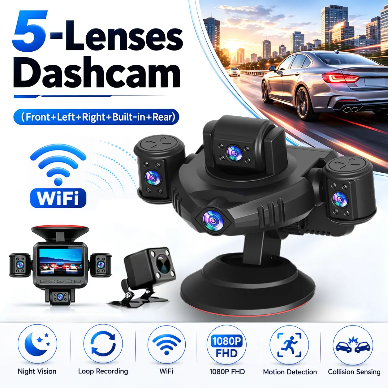 5-Channel Dash Cam with WiFi, 1080P FHD Dashboard Car Camera, Front + Left + Right + Inside + Rear Recording, Night Vision, Loop Recording & Parking Monitor