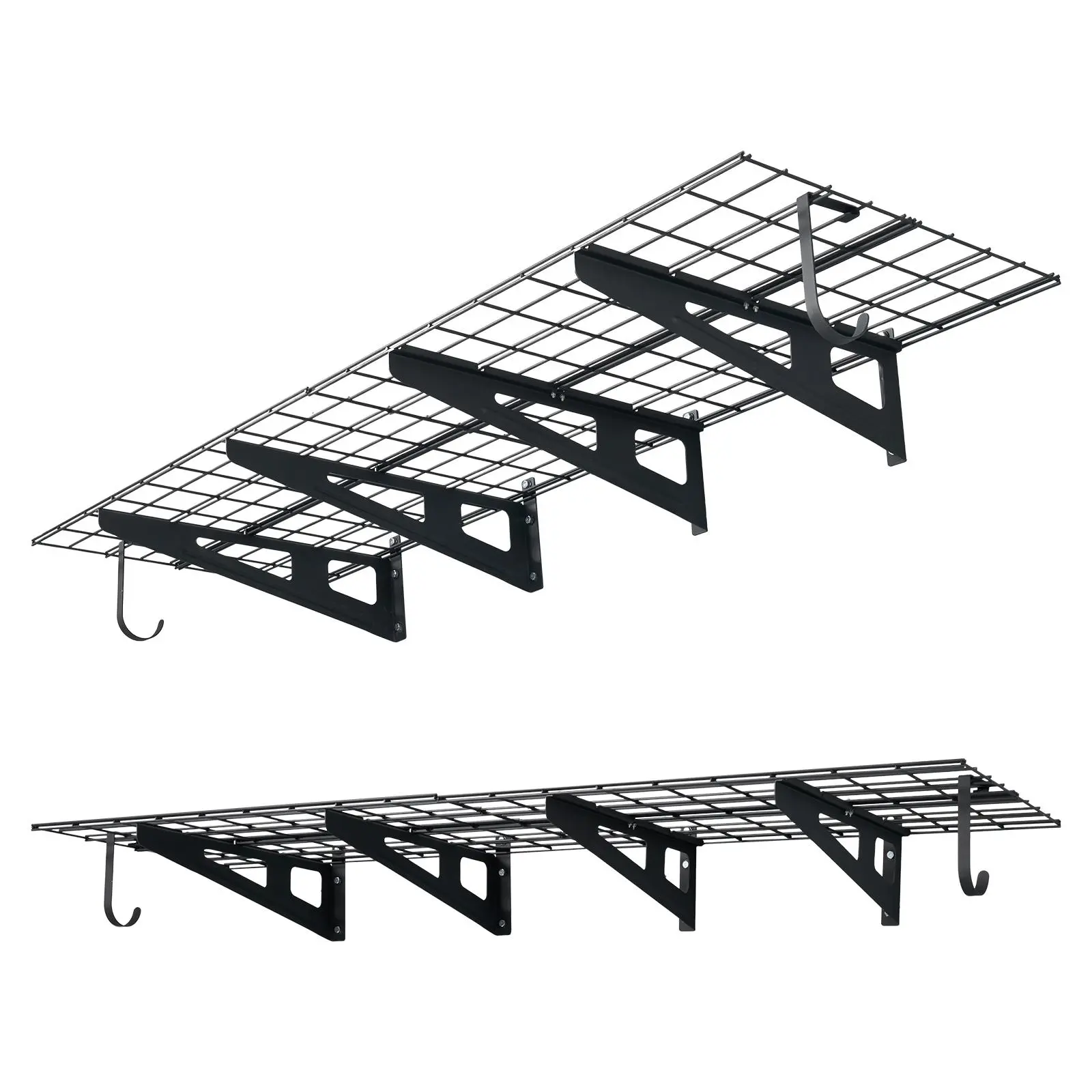 【Summerfinds】VEVOR 2-Tier Heavy Duty Wall Hanging Garage Organiser Floating Shelves Set, 8-Piece 1x3 ft Adjustable Steel Hanging Kit with Hooks, 24x72 in Shelf Metal Rack, 1000 lbs Total Capacity, Easy Installation, Black, 1000Lbs