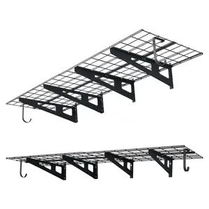 【Spotlight Day】VEVOR 2-Tier Heavy Duty Wall Garage Shelving, 8 Pack 1 x 3 ft Steel Wall Mounted Shelving Unit with Hooks, 24 x 72 Inch Per Shelf Floating Storage Metal Rack, 1000 lbs Total Weight Capacity, Black