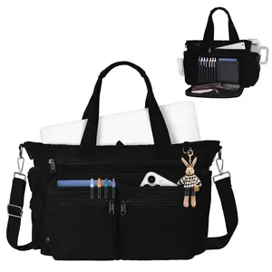 Tiostep Corduroy Messenger Bag  with Laptop Compartments and Zipper Pockets, for Students Teachers, Crossbody Tote Bag for Men and Women
