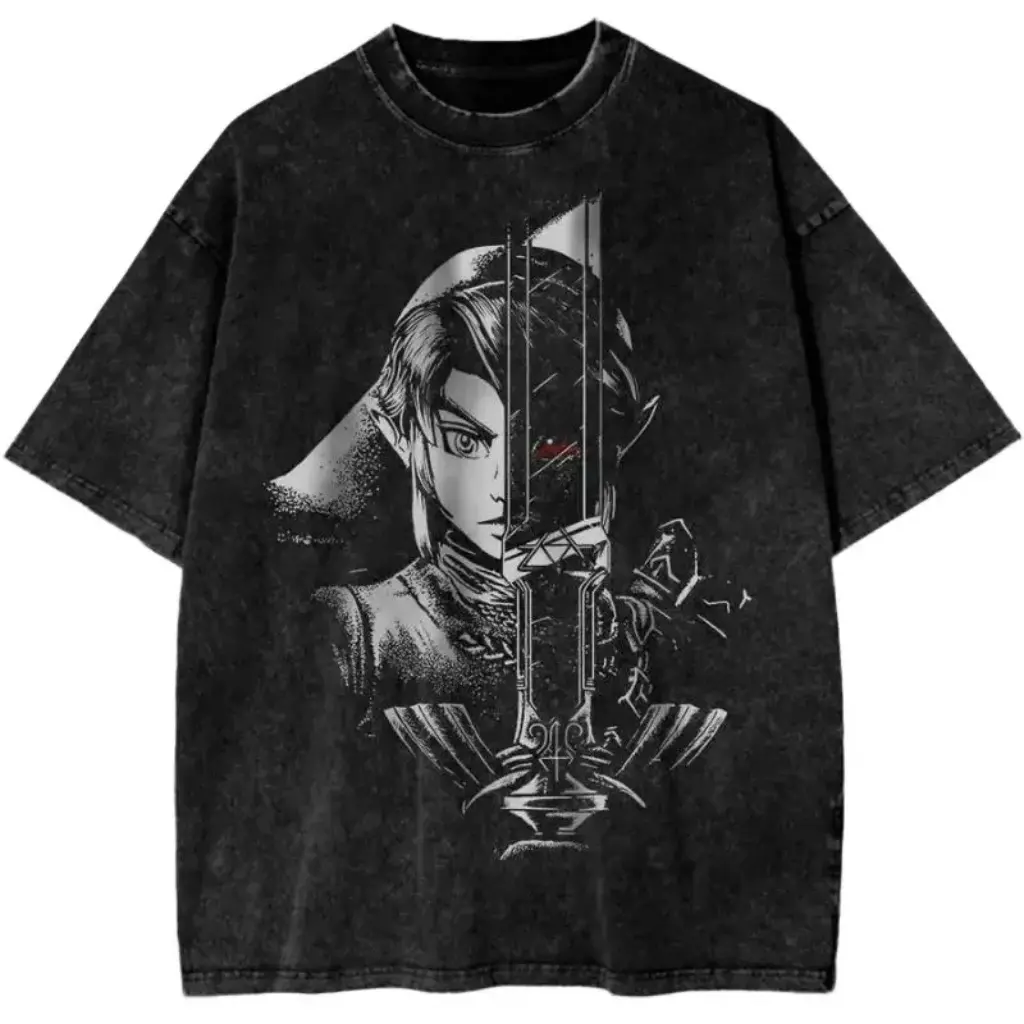 Vintage Legend of Zelda Link Graphic Tee Acid Wash Oversized T-Shirt Unisex Streetwear Gamer Apparel Crewneck Cotton Top