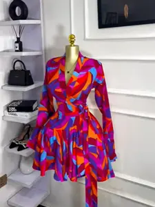 PULKRITU Women's Tie-Dye Print Flare Long Sleeve Dress, V-Neck Bow Hem, Fall Winter Wear, Elegant Aesthetic Fashion Vacation Party Birthday Dress