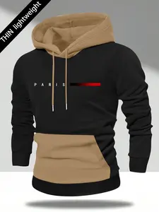 Men's spring and autumn lightweight personalized Paris letter print pattern long sleeve pocket color block patchwork lightweight hoodie fashion casual sports street trendy brand outdoor men's headwear, suitable for cool weather