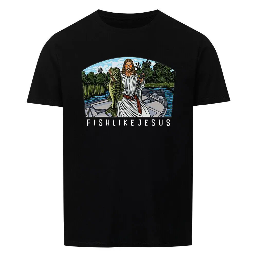 Men's 100% Cotton Graphic Tshirt - Lucky Angler Fish Jesus Print, Round Neck, Shortsleeve, Christian Faith-Based Outdoor Top, Dad Gift for Father’s Day, All Seasons Menswear for Fishing Buddies