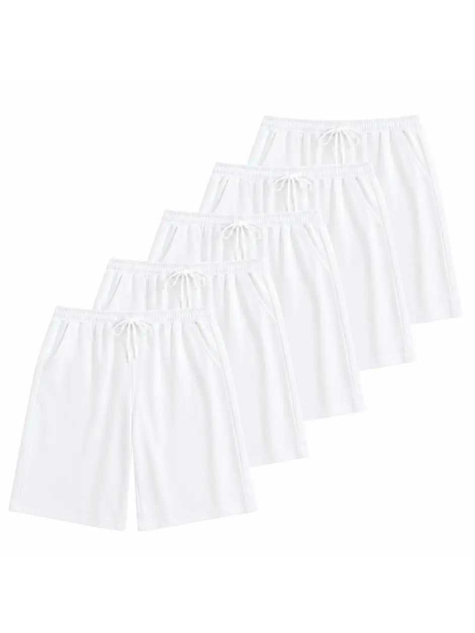 Men's 5-Pack 100% Cotton H-Type Baggy Sweat Shorts - 2 Black, 2 White, 1 Heather Gray, Adjustable Drawstring Waist, Deep Side Pockets, Breathable Quick-Dry Fabric, Chic Relaxed Knee-Length Fit for Active Lounging, Workouts, Hot Weather, Father's Day Gift