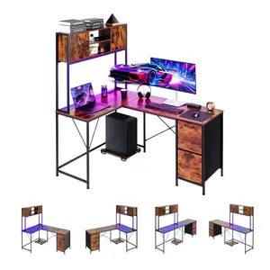 L-Shaped Gaming Desk With LED Lights, 62.2-Inch Reversible Corner Computer Desk With Power Outlets, Movable CPU Stand And Storage Drawers, Modern Stylish PC Gaming Table For Home Office