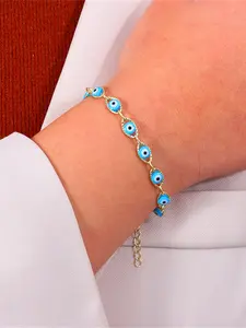 Bohemian Oval Evil Blue Eye Charm Bracelet Boho Style Bangles Trendy Stack Bangle Gold Silver Color Brass Chain Bracelets for Women Men Prayer Jewelry