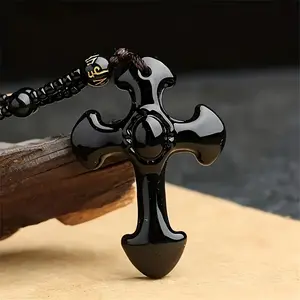 Natural Obsidian Cross Necklace for Men & Women - Black Stone Protection Amulet Pendant with Matching Beaded Chain, Spiritual Good Luck Charm, Negative Energy Cleansing Jewelry Gift unisex religious teengirl charming