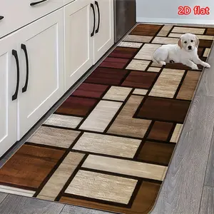 Creative Modern Minimalist Dark Brown Geometric Printed Anti-Slip Kitchen Floor Mat | Flannel, Plaid Pattern, Rectangle Shape