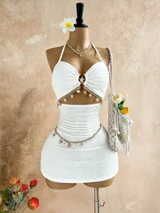 Women's Vacation Casual Fitted Short Skirt & Hollow Out Bralette Set, Metal Starfish Accessory, Beach, Seaside, Date Night, Wedding Season